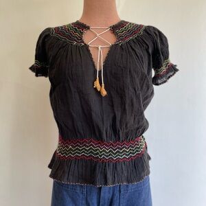 60s 70s DEADSTOCK Indian Gauze Sheer Embroidered Peasant Top w/ Rainbow Stitch
